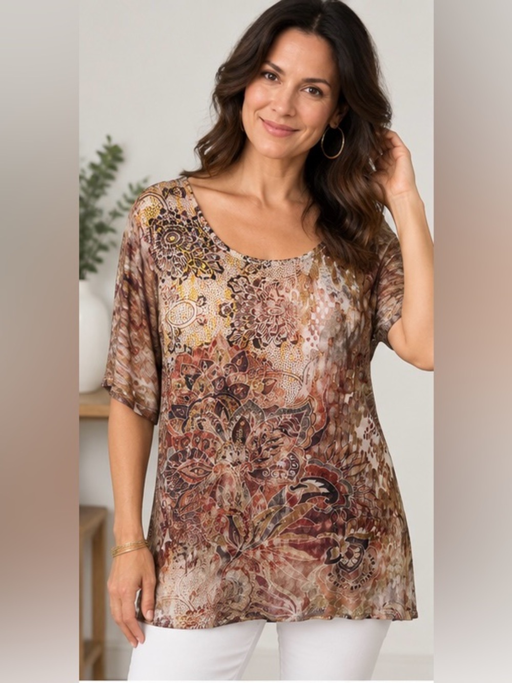 Christopher & Banks Short Sleeve Scoop Neck Floral Print Embellished Top L